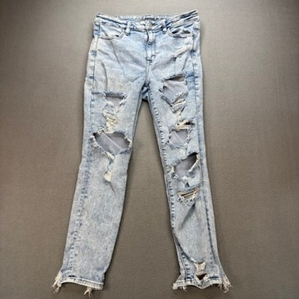 American‎ Eagle Next Level Stretch Distressed Skinny Jeans 10 Short Blue Ripped